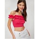 Koton Off-the-Shoulder Crop Blouse With Frills, Textured Viscose Blend. | Shoptok.si