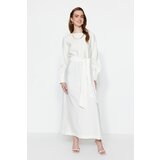 Trendyol White Wide Belted Zipper Cuff Woven Linen Look Dress | shoptok.hr