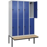 C+P Dvonadstropna garderobna omara s klopjo Classic PLUS, 4 deli, svetlo sive / encijan modre barve, Š 1200 mm, varnostni vrtljivi zapah, lebdeča klop | Shoptok.si