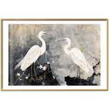  Plakat - Herons and Cherry Blossom - oriental-style illustration depicting birds 60x40 Zlatni okvir s margom | shoptok.hr
