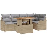 vidaXL 6-delni vrtni sedežni set z blazinami bež poli rattan akacija, 2-sedežni vrtni kavč z blazinami bež poli rattan | Shoptok.si