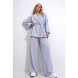 Trend Alaçatı Stili Women's Gray Wrinkled Look Blazer Jacket Top and Bottom Set
