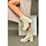 Fox Shoes R654006502 Beige Genuine Leather and Suede Women's Boots with Thick Heels Cene