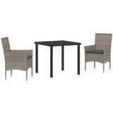vidaXL 3-delni vrtni jedilni set z blazinami siva poli ratan, vrtna miza črna 80x80x73 cm kaljeno steklo Cene