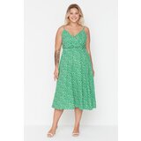Trendyol Curve Green Double Breasted Collar Floral Patterned Strap Knitted Dress Cene