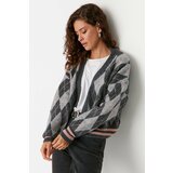 Trendyol Gray Soft-Textured, Diamond Patterned Knitwear Cardigan cene