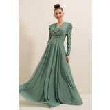 By Saygı Lace Neck Shoulder Pleated Lined Glittery Long Dress | shoptok.hr