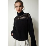  Women's Black Turtleneck Sweater With Openwork Knitwear | shoptok.hr
