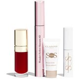 Clarins Make-up Heroes set: maskara Wonder Perfect Mascara 4D 8ml + olje za ustnice Lip Comfort Oil 7 ml 03 Cherry + podlaga za ličila SOS Primer White 5 ml + podlaga in serum za maskaro SOS Lashes Serum Mascara 3 ml + kozmetična torbica odtenek 01 Perfect Black | Shoptok.si