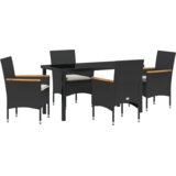 vidaXL 5-delna vrtna jedilna garnitura z blazinami Črna ratan, Vrtna miza Črna 140x80x73 cm Temperirano steklo | Shoptok.si