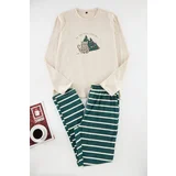 Trendyol Men's Beige Striped Regular Fit Couple Christmas Knitted Pajama Set