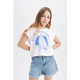 Defacto Girl's Crop Crew Neck Marine Printed Short Sleeve T-Shirt