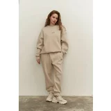 Laluvia Beige Embossed Text Printed Crew Neck Tracksuit Set