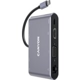 Canyon 8 in 1 USB C hub, with 1*HDMI: 4K*30Hz, 1*VGA, 1*Type-C PD charging port, Max 100W PD input. 3*USB3.0,transfer speed up to 5Gbps. 1*Glgabit Ethernet, 1*3.5mm audio jack, cable 15cm, Aluminum alloy housing,95*55*17.6 mm, 107g, Dark grey | Eponuda.ba