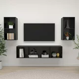 Sijaj Stenska TV omarica 4 kosi visok sijaj črne barve iverna plošča