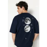 Trendyol Navy Blue Oversize/Wide-Fit Space Printed Label Detail 100% Cotton T-Shirt