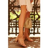 EVENTO Lace-up sandals with low heels embellished with studs Camel Chrisele | Shoptok.si