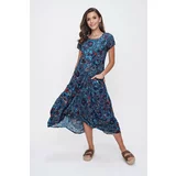By Saygı Floral Pattern Tasseled Double Pocket Asymmetric Dress Blue