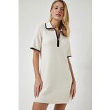  Women's Cream Zippered Polo Neck Knitwear Dress Cene