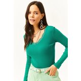 Olalook Women's Emerald Green Collar Lace V-neck Camisole Knitted Blouse | shoptok.hr
