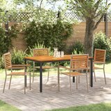 vidaXL 5-delna vrtna jedilna garnitura Bež Poli ratan Akacija, Zložljivi vrtni stoli s blazinami - Set 2 v Bež Poli ratan, Vrtna miza 150x90x75 cm Trden Acacia les in kovina | Shoptok.si