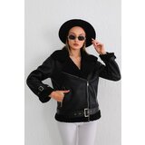 BİKELİFE Women's Black Cuff Detailed Suede Leather Coat with Shearling Inner Belt Cene