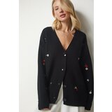 Happiness İstanbul Women's Black Floral Embroidered One Button Knitwear Cardigan Cene