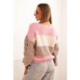 Kesi Włoski Women's striped sweater with cable-knit sleeves made of wool pink + fango | Shoptok.si