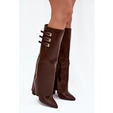 Boto Women's Heeled Boots Turned Shaft Straps With Buckles Chocolate Nirisa Cene