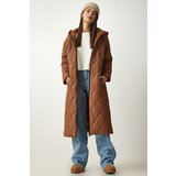  Women's Brown Hooded Quilted Coat with Pockets | ePonuda.com