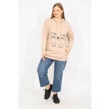 Şans Women's Mink Plus Size Raised Front Print And Hood Detailed Sweatshirt Cene