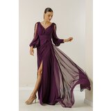 By Saygı V-Neck Long Evening Chiffon Dress with Draping and Lined Sleeves. cene