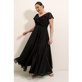 By Saygı Flywheel Pleat Lined Long Chiffon N.B. Dress Black