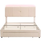 Lumor Dvoposteljna postelja 140x200 cm iz žameta, z LED osvetlitvijo, USB priključkom in velikim predalom – bež, (22151113) | Shoptok.si