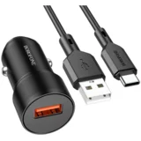 Auto Punjač sa kablom 1m USB to Type-C BZ19A Wisdom single port QC3.0 USB car set black