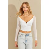 Cool & Sexy Women's White Sleeves Tulle Crop Blouse CG315
