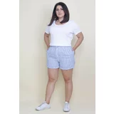 Şans Women's Large Size Blue Linen Fabric Striped Shorts