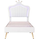 Lumor Postelja za otroke 90x200 cm iz umetnega usnja z LED + nastavljiv vzglavnik + lesene letvice - Bela, (22156310) | Shoptok.si