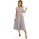 numoco basic 596-2 Elegant midi shirt dress with gold buttons and belt - gray beige | Shoptok.si