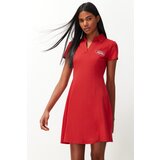 Trendyol Red Skater/Waist Embroidery Cotton Stretch Knitted Mini Dress