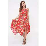 By Saygı Women's Floral Patterned Rope Strap Asymmetrical Printed Woven Viscose Dress Red