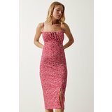 Happiness İstanbul Women's Vivid Pink Floral Slit Summer Knitted Dress cene