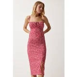  Women's Vivid Pink Floral Slit Summer Knitted Dress