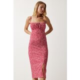 Women's Vivid Pink Floral Slit Summer Knitted Dress Cijene