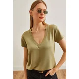 Olalook Women's Khaki Deep V Neck Modal Button T-Shirt