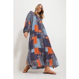 Trend Alaçatı Stili Women's Blue-Orange Grand Collar Shawl Patterned Maxi Length Dress Cene