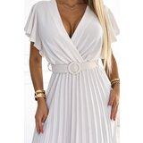 numoco basic 585-1 Plisowana letnia sukienka midi z dekoltem i szerokim paskiem - ECRU | shoptok.hr