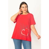 Şans Women's Plus Size Red Cotton Fabric Crew Neck Printed Blouse Cene