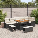 vidaXL 9-delna vrtna sedežna garnitura z blazinami Črna Poli ratan Acacia | Shoptok.si