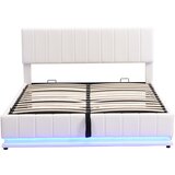 Lumor Postelja iz umetnega usnja z LED + letvena podlaga + nastavljivo vzglavje – 160x200 cm – bela, (22151163) | Shoptok.si